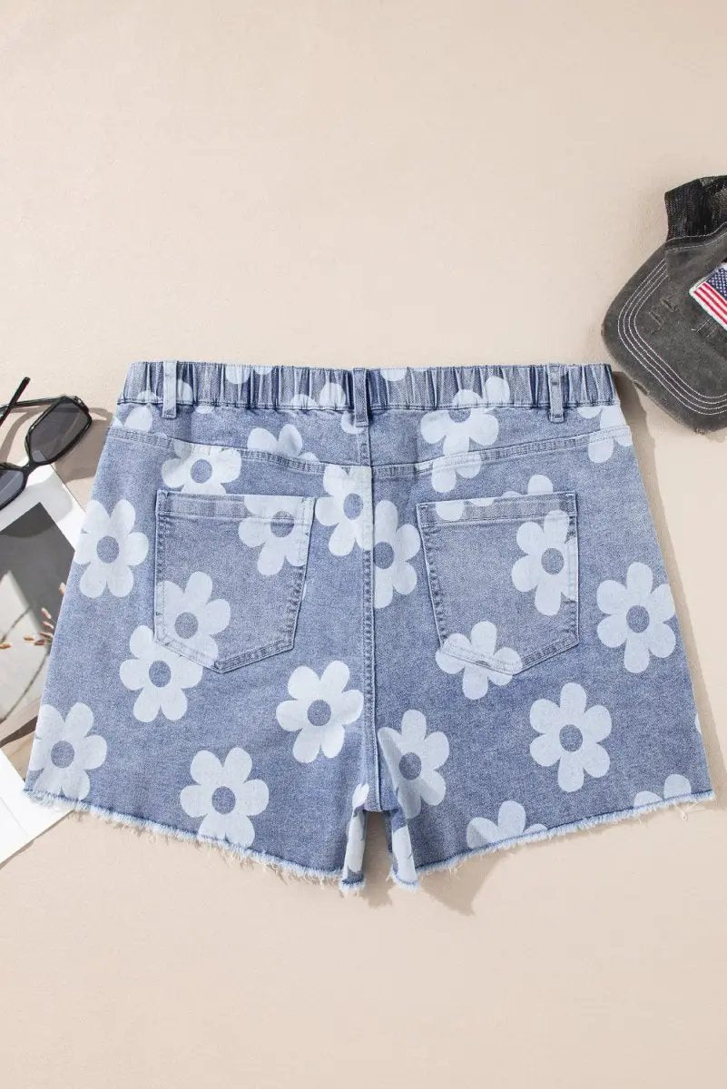 Ashleigh Blue Floral Pattern High Waist Raw Hem Plus Size Denim Shorts - Love Salve